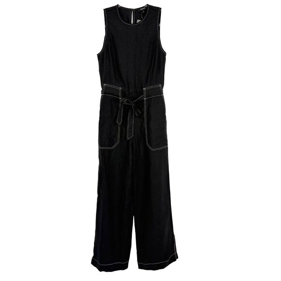 MADEWELL Contrast-Stitch Relaxed Straight-Leg Jumpsuit 0 Jet Black Linen NWT B65 - Picture 2 of 6